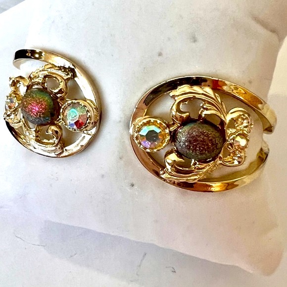 Vintage Hinged Clamper Style Bracelet AB Rhinestones Gold Tone Setting - Picture 11 of 13